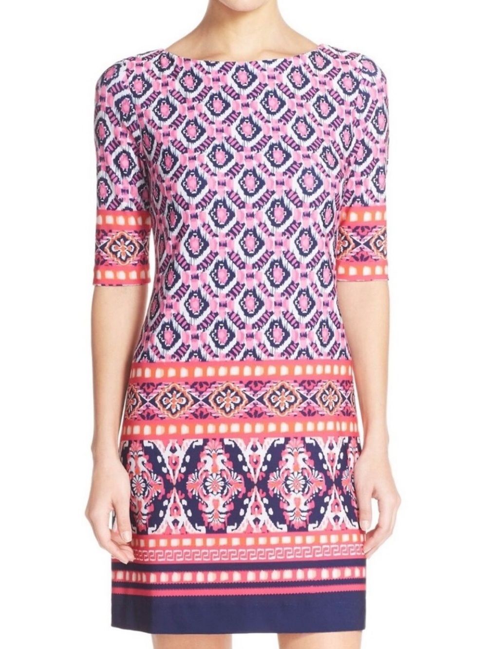 Eliza J Geometric Print Sheath Dress - Pink/Navy/White (Size 2)